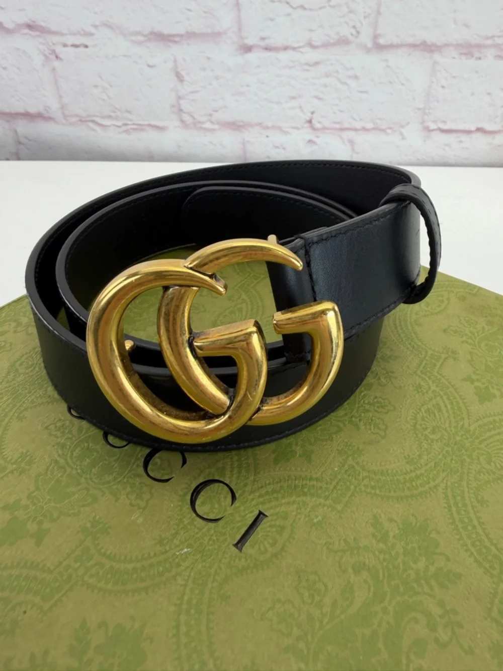 Authentic Gucci Slim Leather Marmont Gg Double Mens Belt Black 80/32” 414516
